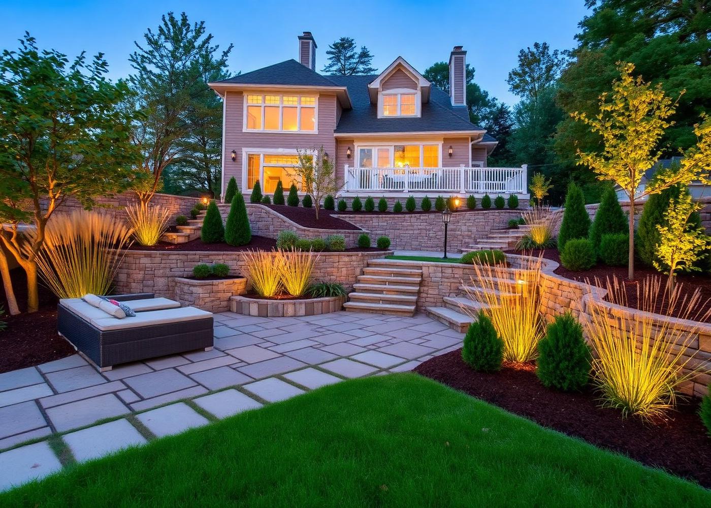 Flagstone patio, retaining wall, and integrated planting design.